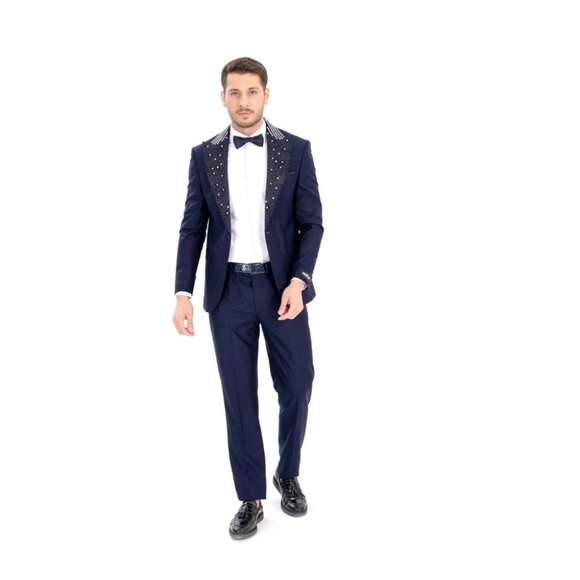 Derman Navy Stone Embroidered Collar Tuxedo 2 Piece - Picture 3 of 6